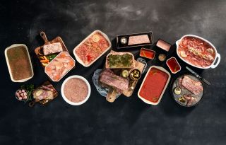 bovenaanzicht van een assortiment ambachtelijke charcuterie en paté op een tafel